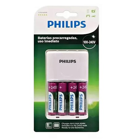 Carregador Pilhas Philips SCB2445NB C/ 04 Pilhas AA 2450mAh