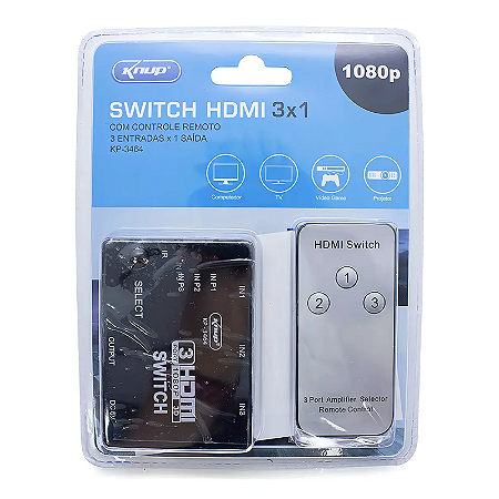 Hub Hdmi 03 Ent / 01 saída Knup KP-3464 c/ Controle Rem