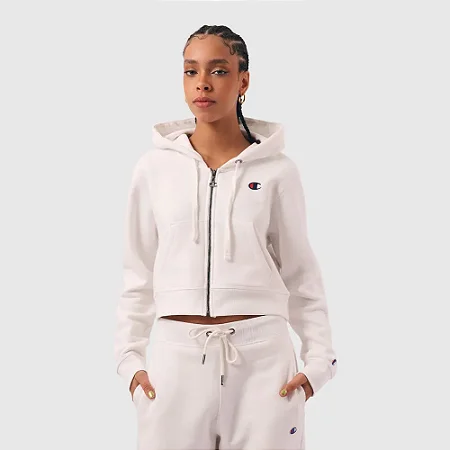 MOLETOM CHAMPION FEMININO CROPPED ZIPER C LOGO BRANCO