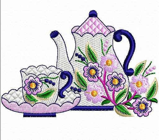 Matriz Bordado Jogo De Chá Com Flores Para Pano De Prato