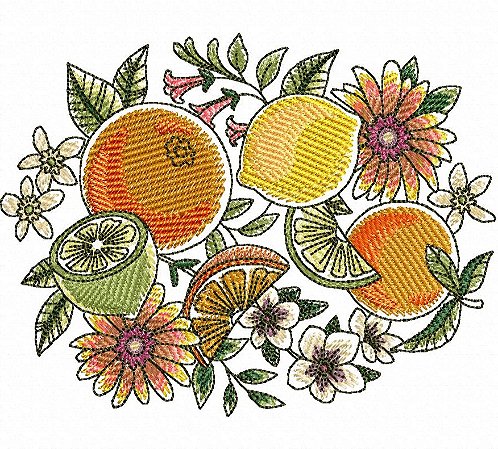 Matriz Bordado Pano De Prato Frutas Cítricas E Abelhinha