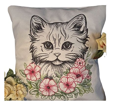 Matriz Bordado Almofada Gatinho Com Flores