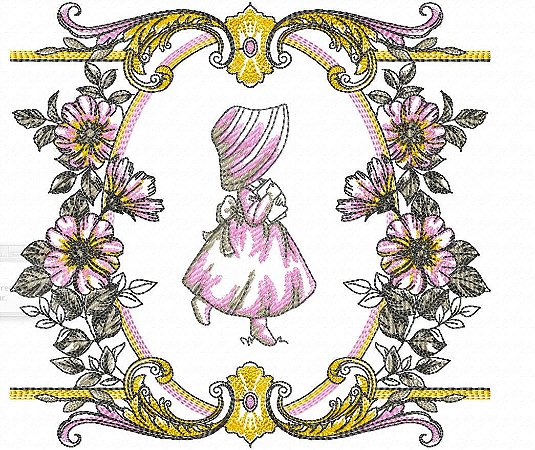 Matriz Bordado Sunbonnets Na Moldura Com Flores