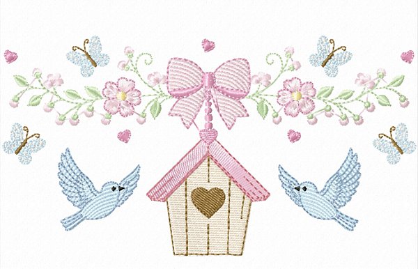 Matriz Bordado Toalha E Lavabo Floral Com Passarinho