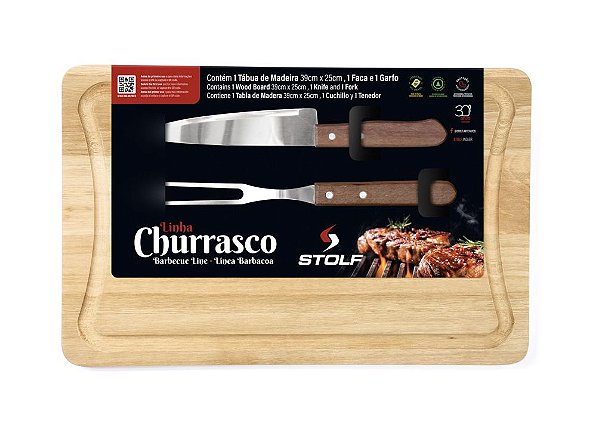 Jogo Churrasco 39x25cm 3 peças Slim Grande de Madeira Pinus com Garfo e Faca Stolf