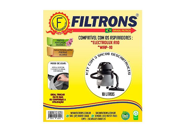 Filtro para Aspirador de Pó Electrolux A-10 com 3 peças 10L Filtrons