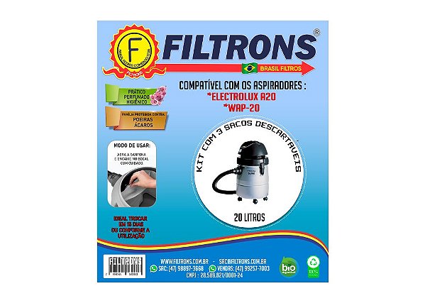 Filtro para Aspirador de Pó Electrolux A-20 com 3 peças 20L Filtrons