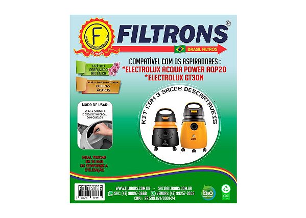 Filtro para Aspirador de Pó Electrolux AQP20 Acqua Power com 3 peças 10L Filtrons