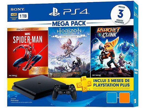Console Playstation 4 Slim 1TB + 3 Jogos  (Spider-Man + Horizon Zero Dawn + Ratchet e Clank) - Sony CUH-2214B