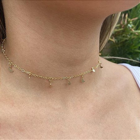 Choker Lua e Estrela Banhada à Ouro