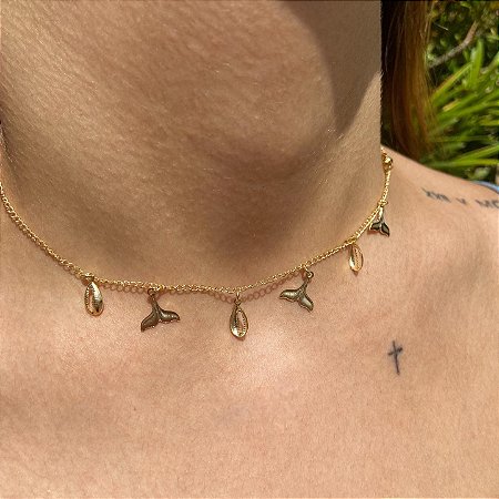 Choker Búzios e Sereia banhada à Ouro