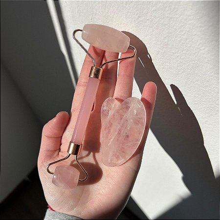 Kit Rolinho Massageador de Quartzo Rosa