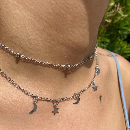 Choker Dupla Luar Prateado