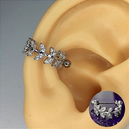 Piercing Orelha Conch Argola Haste Cravejada Folhinhas Prateada