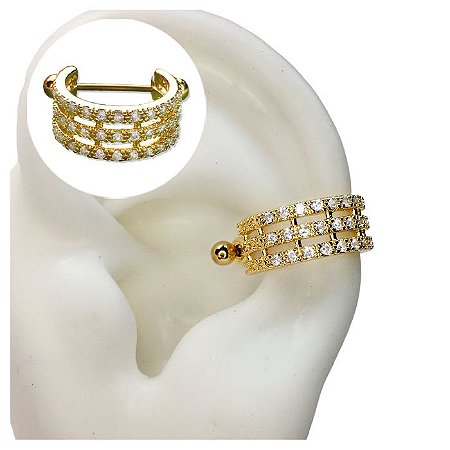 Piercing Orelha Conch Argola Haste Três Fileiras Crav Dourado