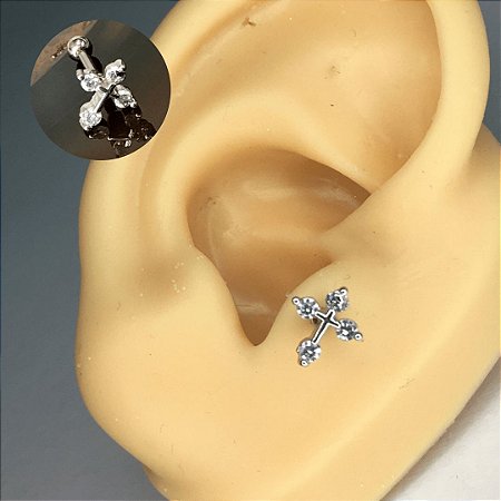 Piercing Orelha Tragus Microbell Cruz em ZC Prateado