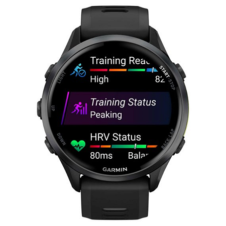 Monitor Cardíaco de Pulso com GPS Garmin Forerunner 970 Cinza carbono em titânio DLC com pulseira preta translúcida cin