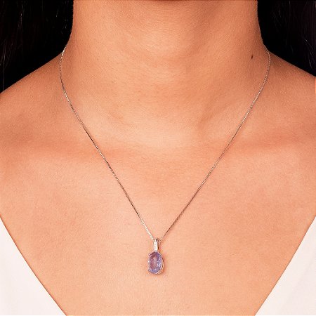 Colar Prata com Pingente Oval de Ametista e Zircônias