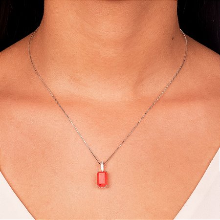 Colar Pedra Retangular Laranja e Zircônias