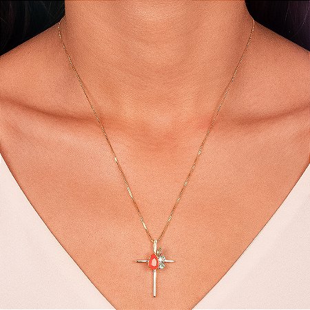 Colar Cruz Dourado com Pedras Laranja e Verdes
