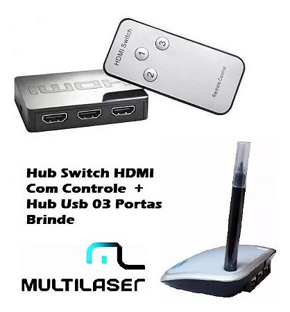 Hub Switch Hdmi 3 Portas Controle Remoto  + Hub Usb Brinde