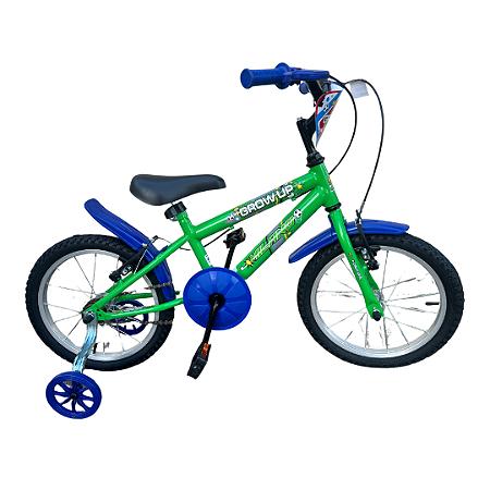 BICICLETA ARO (16) MASCULINA COR VERDE KAWASAKI/AZUL S/MARCHA MARCA MILANO GROW UP
