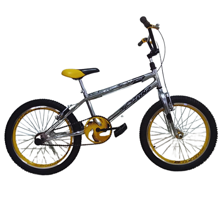 BICICLETA ARO (20) MASCULINA COR CROMADA/AMARELA S/MARCHA MARCA DNZ STREET FREESTYLE