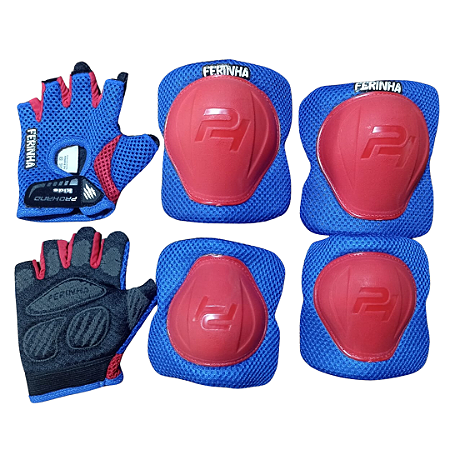 KIT PROTEÇÃO INFANTIL FERINHA LUVA COTOVELEIRA JOELHEIRA ROYAL/VERMELHO MAX G