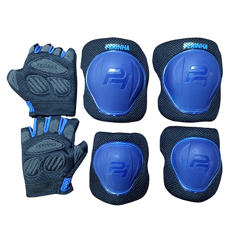 KIT PROTEÇÃO INFANTIL FERINHA LUVA COTOVELEIRA JOELHEIRA  PRETO/AZUL TAMANHO M