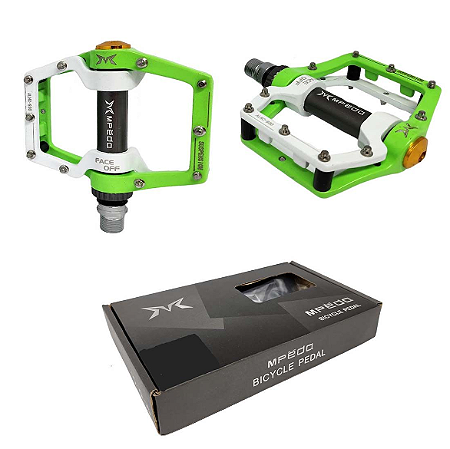 PEDAL MPEDA FREESTYLE PLATAFORMA ALUMINIO 9/16 VERDE/BRANCO ROLAMENTO SELADO + 1BUCHA  "EIXO GROSSO"