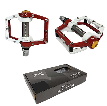 PEDAL MPEDA FREESTYLE PLATAFORMA ALUMINIO VERMELHO/BRANCO  9/16 ROLAMENTO SELADO + 1BUCHA  "EIXO GROSSO"
