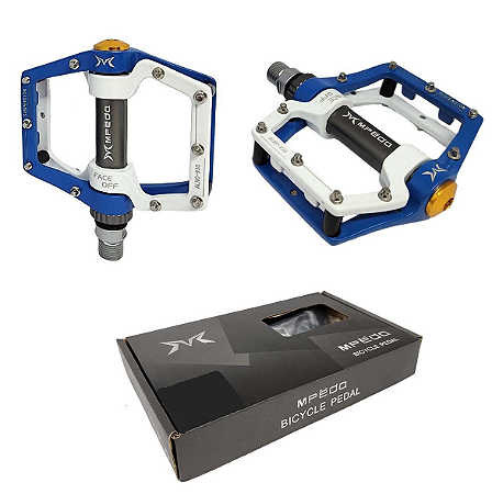 PEDAL MPEDA FREESTYLE PLATAFORMA ALUMINIO 9/16 AZUL/BRANCO ROLAMENTO SELADO + 1 BUCHA "EIXO GROSSO"