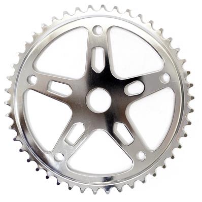 RODA DENTADA, AÇO, 40 DENTES, 5 BRAÇOS, CROMADA, COM FURO PARA COBRE CORRENTE