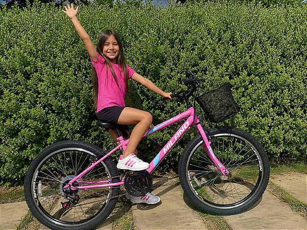 BICICLETA ARO (24) FEMININA COR ROSA C/MARCHA 18V FREIO V-BRAKE MARCA MILANO AUTUNM REBAIXADO