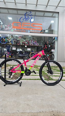 BICICLETA MTB FREERIDE ARO (26) VIKING TUFF 25 SHIMANO 21V FREIO DISC MECANICO QUADRO 13 (PP) COR ROSA/VERDE