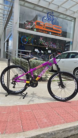 BICICLETA MTB FREERIDE ARO (26) VIKING TUFF 25 SHIMANO 21V FREIO DISC MECANICO QUADRO 13 (PP) COR ROXO/AMARELO
