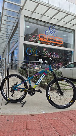 BICICLETA MTB FREERIDE ARO (26) VIKINGX TUFF 25 CAMBIO SHIMANO 21V FREIO DISC MECANICO QUADRO 13 (PP) COR AZUL/AMARELO