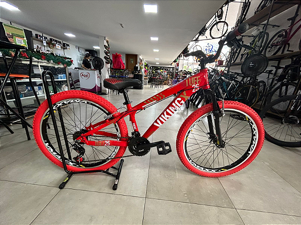 BICICLETA MTB FREERIDE ARO (26) VIKING TUFF 25 YAMADA 21V FREIO DISC MECANICO QUADRO 13 (PP) COR VERMELHA