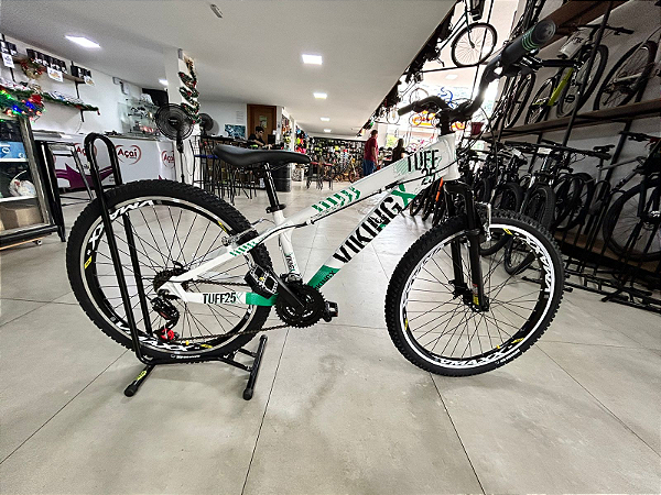BICICLETA MTB FREERIDE ARO (26) VIKING TUFF 25 YAMADA 21V FREIO MECANICO QUADRO 13 (PP) COR BRANCA/VERDE