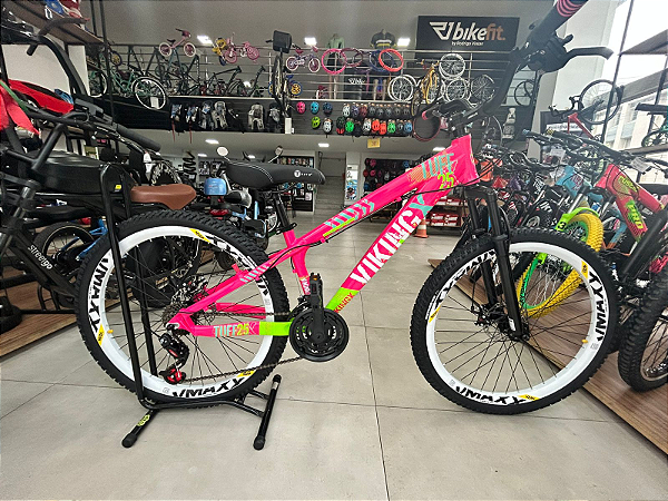 BICICLETA MTB FREERIDE ARO (26) VIKING TUFF 25 YAMADA 21V FREIO DISC MECANICO QUADRO 13 (PP) COR ROSA