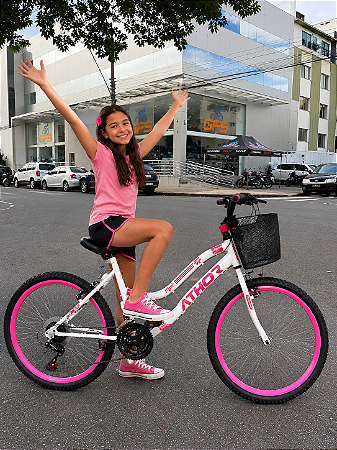 BICICLETA MTB ARO(24) FEMININA COR BRANCA/ROSA C/MARCHA 18V ATHOR MUSA