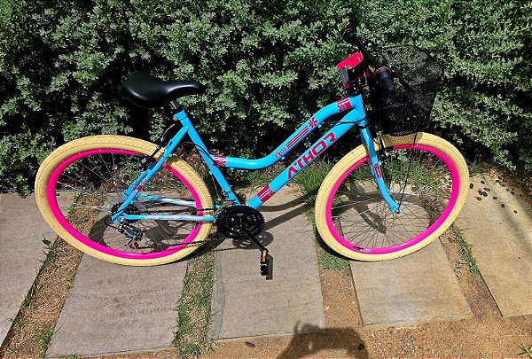 BICICLETA MTB ARO (26) FEMININA COR AZUL/ROSA C/MARCHA 18V ATHOR MUSA