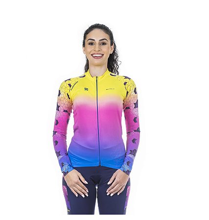 CAMISA CICLISMO FEMININA ELITE MANGA LONGA AMARELO/ROXO TAMANHO M
