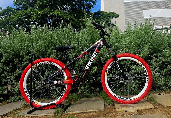 BICICLETA MTB FREERIDE ARO (26) VIKINGX TUFF 25 KIT VELOFORCE 8V FREIO DISC HIDRÁULICO COR ROXO/LARANJA