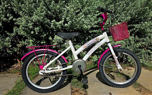 BICICLETA ARO (16) FEMININA VERDEN BREEZE FREIOS V-BRAKE COR BRANCO/ROSA (USADA)