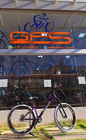 BICICLETA MTB FREERIDE ARO (26) ABSOLUTE BRUTUS PRO S/MARCHA FREIO DISC HIDRÁULICO SHIMANO TRASEIRO MT200 COR ROXO/BCO