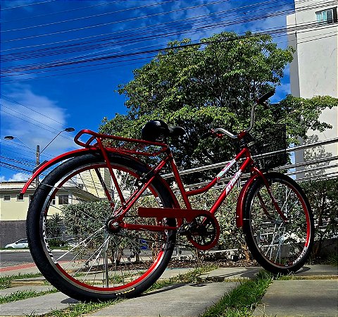 BICICLETA ARO (26) FEMININA COR VERMELHA S/MARCHA FREIO V/BRAKE E FREIO CONTRA/PEDAL MARCA ATTACK TROPYMAX
