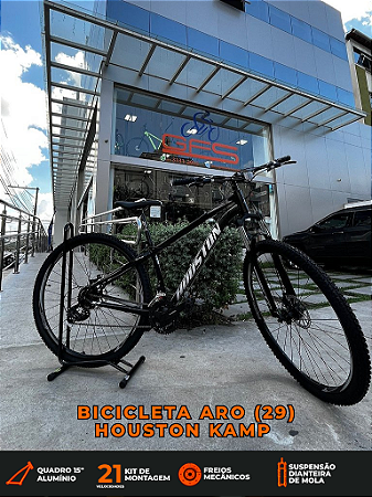 BICICLETA MTB ARO (29) HOUSTON KAMP 21 VELOCIDADES (3X7) FREIO DISC MECANICO TAMANHO 15 (P) PRETO/ BRANCO