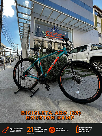 BICICLETA MTB ARO (29) HOUSTON KAMP CÂMBIO SHIMANO 21VELOCIDADES (3X7) FREIO DISC MECÂNICO TAMANHO 15 (P) VERDE/PEROLA