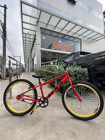 BICICLETA ARO (24) MASCULINA COR VERMELHA S/ MARCHA FREIOS V-BRAKE GTI THOR